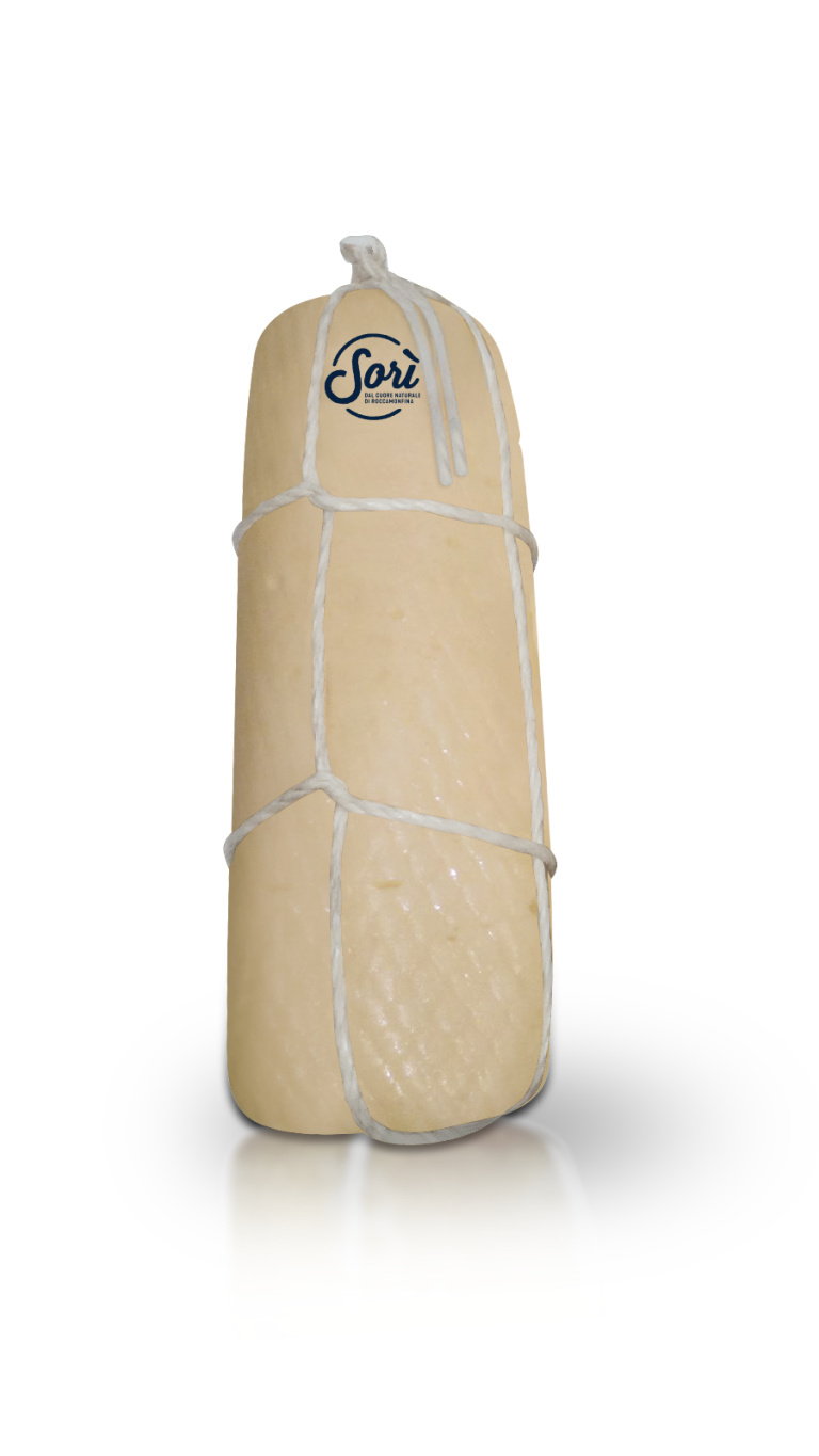 Scamorza cheese loaf, white, rind and net tie bundle