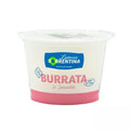 Latteria Sorrentina burrata cheese cup, white tub with blue-green logo and pink label