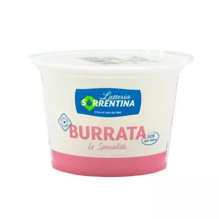 Latteria Sorrentina burrata cheese cup, white tub with blue-green logo and pink label