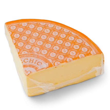 AURICCHIO Fontal wedge cheese with orange rind and pale interior