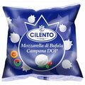 Mozzarella di Bufala Campana DOP cheese bag, blue package with oval CILENTO logo