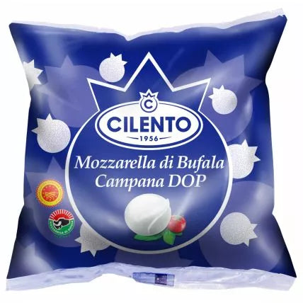 Mozzarella di Bufala Campana DOP cheese bag, blue package with oval CILENTO logo