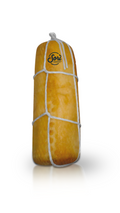 Smoked scamorza cheese log in white net with Sori label