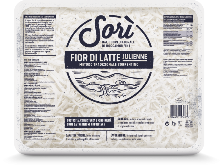 Mozzarella fiordilatte tray with Sori branding and printed label