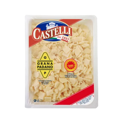 Castelli Grana Padano cheese shavings in sealed bag, pale yellow chunks