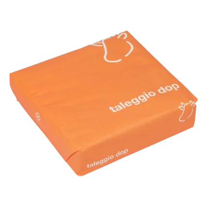Arrigoni Taleggio cheese wedge in orange Taleggio DOP wrapper