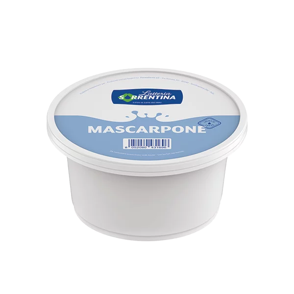 Mascarpone cheese tub by SORRENTINA with blue label and white container
