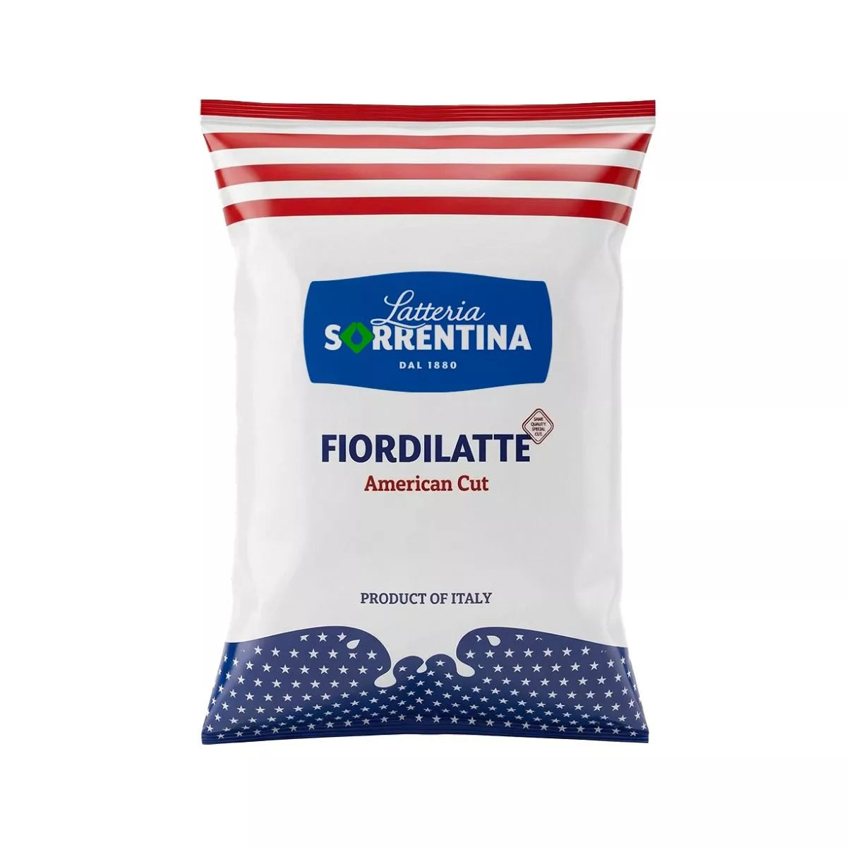 Fiordilatte American cut cheese in white bag with red stripe top and blue label