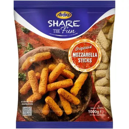 Frozen mozzarella sticks, 1 kg bag with Aviko branding