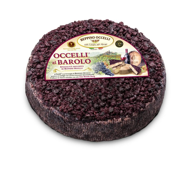 Round OCCELLI al Barolo cheese wheel with maroon speckled rind and front label