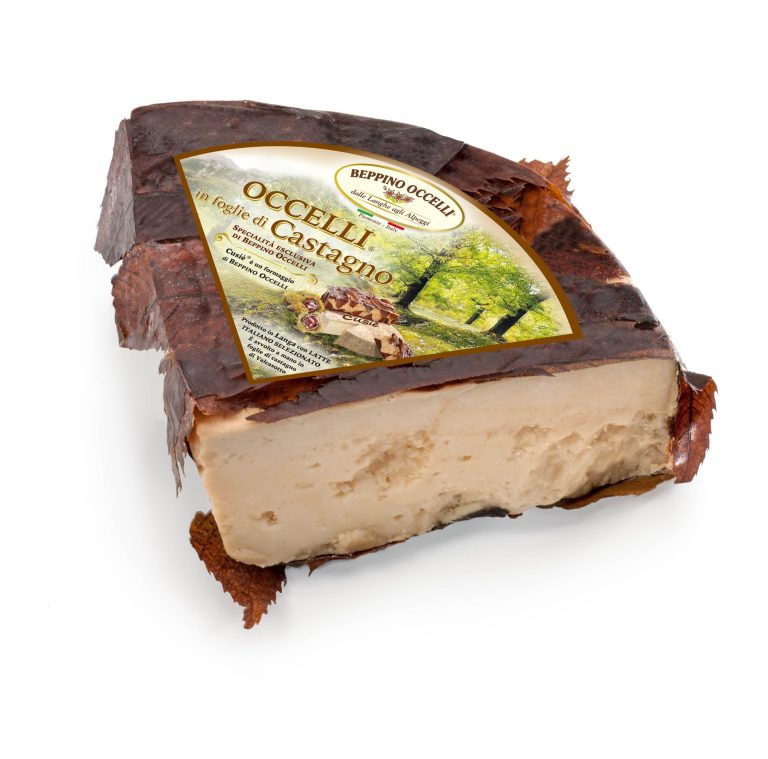 Chestnut-leaf wrapped cheese wedge with brand label, light interior and dark rind