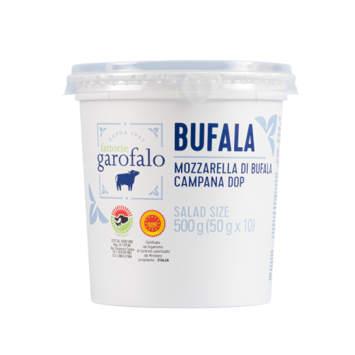 GAROFALO Bufala mozzarella PDO tub, 500 g plastic container with product label