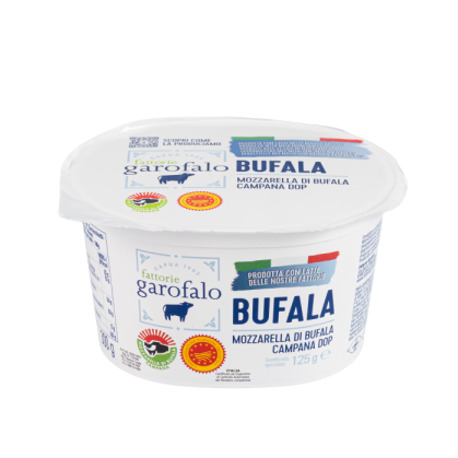 Mozzarella cheese tub, white cup with 'Bufala' label, 125g