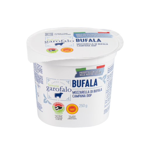 Buffalo mozzarella PDO in white 250 g plastic cup, label on top and side