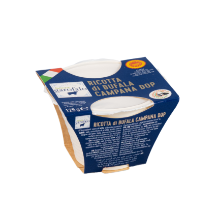 Ricotta cheese cup with visible white ricotta in blue cardboard container