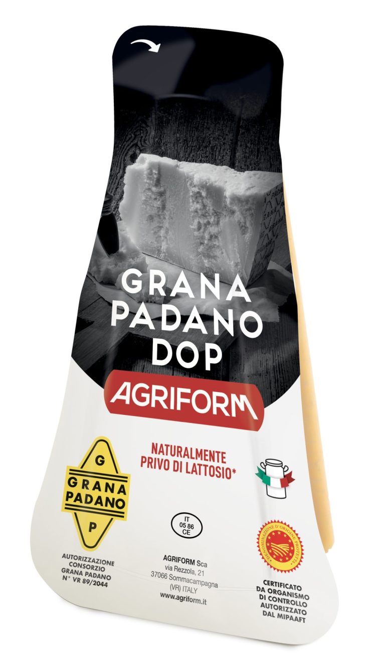 Grana Padano DOP cheese wedge package, AGRIFORM branding on white and dark wrapper