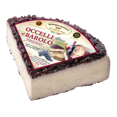 Wine cheese wedge with dark rind and top label, pale interior