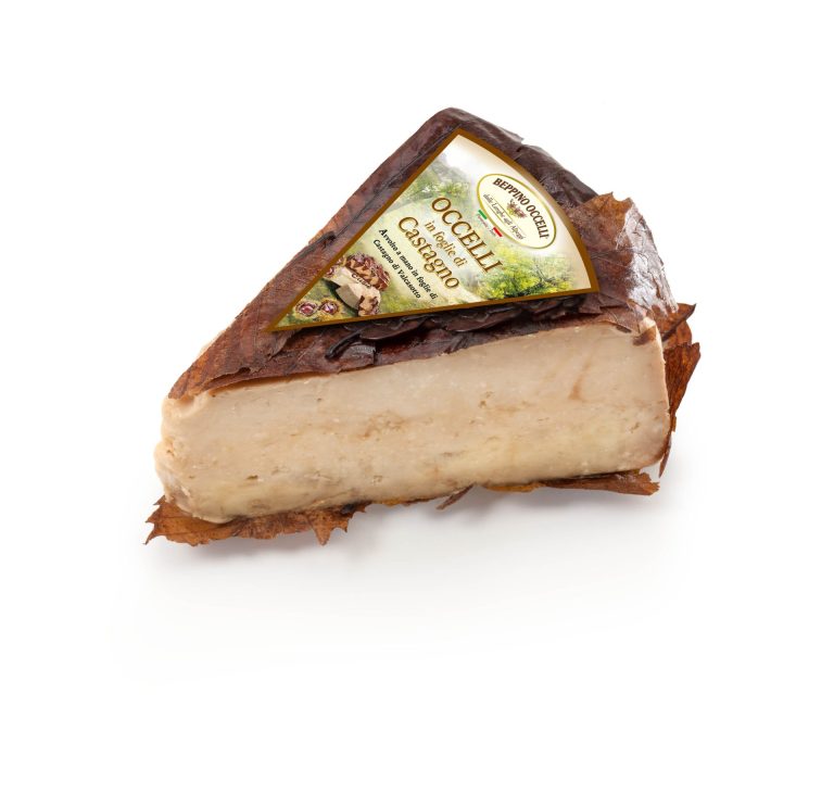 Chestnut leaf-wrapped cured meat wedge with yellow brand label on top
