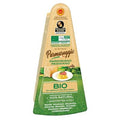 Organic Parmigiano Reggiano cheese wedge with green-and-brown label, 12-month aged