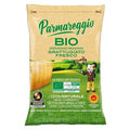 Organic fresh grated Parmigiano Reggiano cheese bag, green and kraft packaging