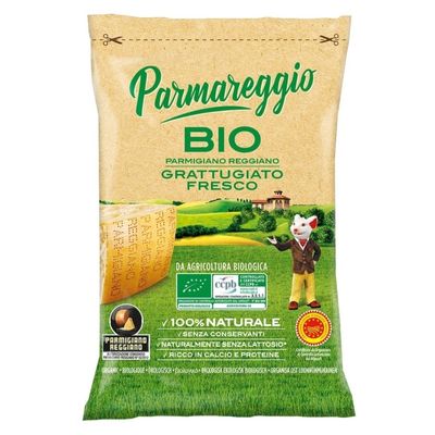 Organic fresh grated Parmigiano Reggiano cheese bag, green and kraft packaging