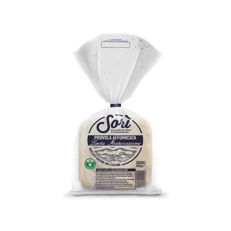 Sori smoked provola cheese wedge in clear vacuum bag with front label