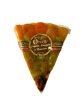Triangular cheese wedge with fruit and Moscato grappa, orange-green label front