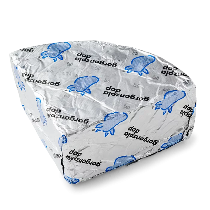 ARRIGONI Gorgonzola Dolce PDO wedge in silver foil wrap with blue print