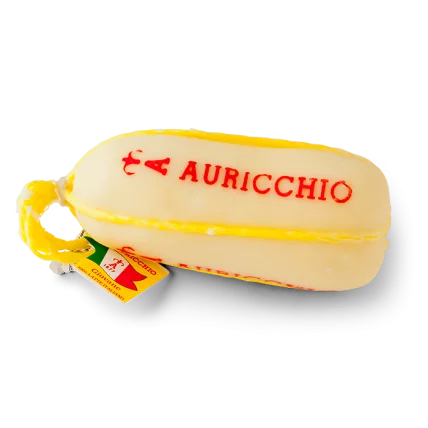 Italian salami log with yellow rind and red AURICCHIO branding on the cheese label