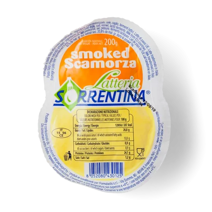 Smoked scamorza cheese wheel with LATTERIA SORRENTINA blue-and-white label, 250 g