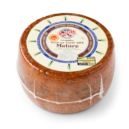 CASTELLI Pecorino Sardo cheese wheel, circular rind with label on top