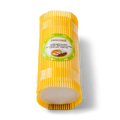 Natural goat cheese log in clear packaging, cylindrical shape with green label