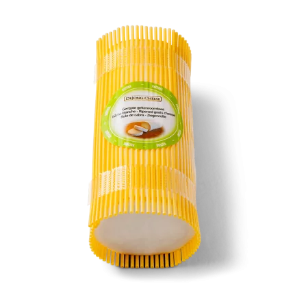Natural goat cheese log in clear packaging, cylindrical shape with green label