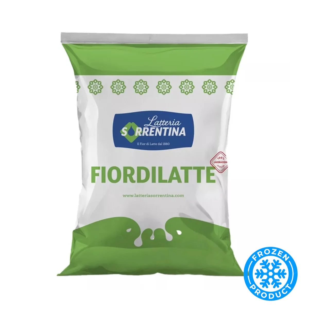 Frozen fior di latte mozzarella cheese pack, green and white bag with logo