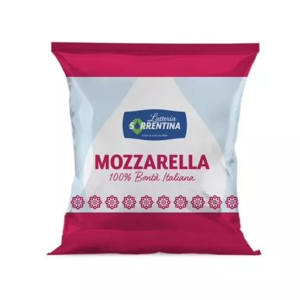 LATTERIA SORRENTINA mozzarella cheese pack, purple and white bag with brand logo