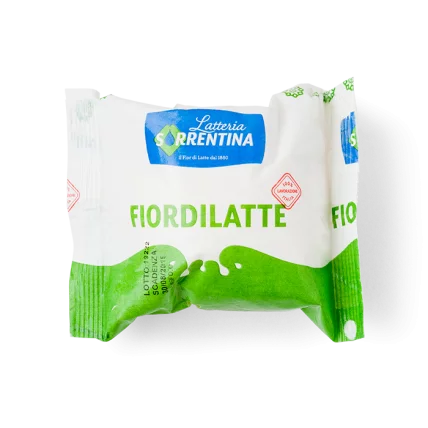 Mozzarella Fior di Latte cheese ball package, white and green bag