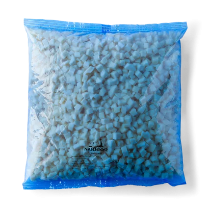 Cubed mozzarella cheese in a sealed blue plastic bag