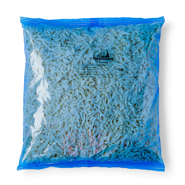 NARELLO shredded mozzarella cheese in blue 2 kg bag, grated strands