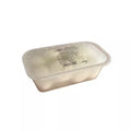 Cream burrata cheese in sealed plastic tray, visible label on lid