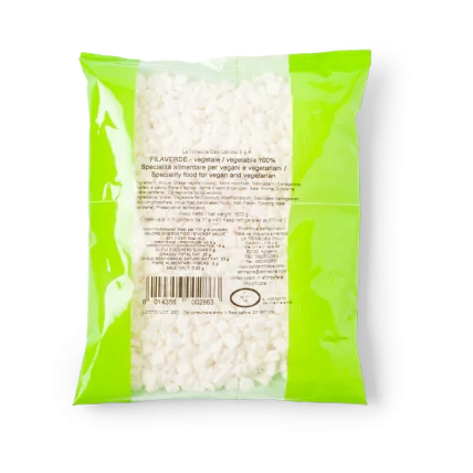 Vegan cubed mozzarella, 6x500g pack in bright green bag with white cubes filling
